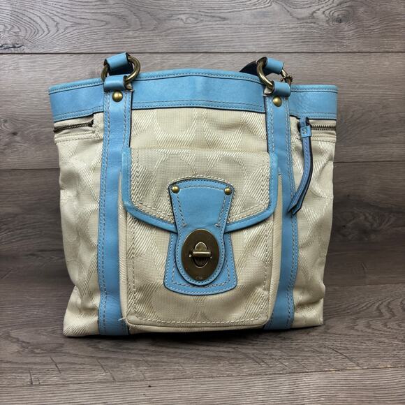 Coach Work Tote Bag K0893-F13103 Khaki Blue Leather Trim Turnlock Front Pocket - Picture 3 of 15